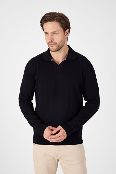 hateko Μαύρο πλεκτό πουλόβερ από 100% βαμβάκι για άντρες με γιακά πόλο χωρίς κουμπιά