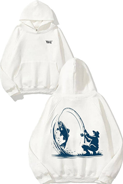 THEWERT Hanorac alb cu glugă cu imprimeu Fishher 1 Design