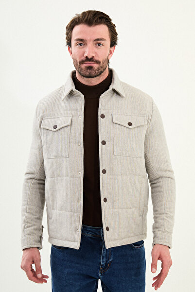 Mcr Striped Slim Fit Shirt Collar Snap Fastener Men's Coat Gray - 39655.25K