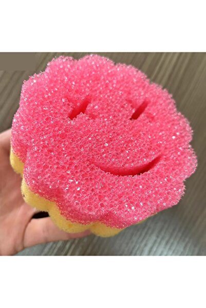 Flippy Dish Sponge, Flippy, Round, PU Sponge, Smiley Face Pattern, Two Sides, 10 x 4 cm, Pink/Yellow