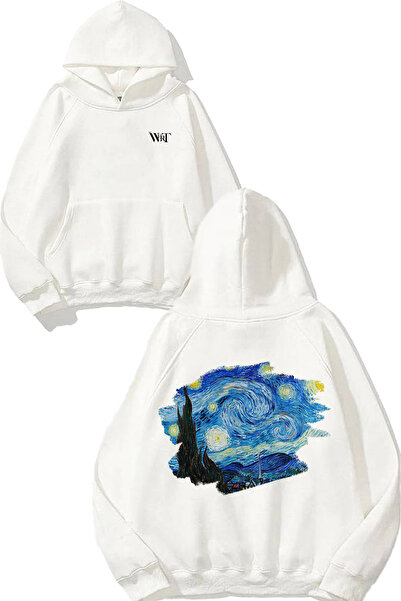 THEWERT Van Gogh 5 Дизайн с печат на гърба Бяла суитшърт с качулка