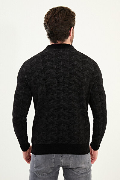 Mcr Patterned Slim Fit Zippered Polo Collar Chenille Fabric Men's Knitwear Sweater Black - 11555.25K