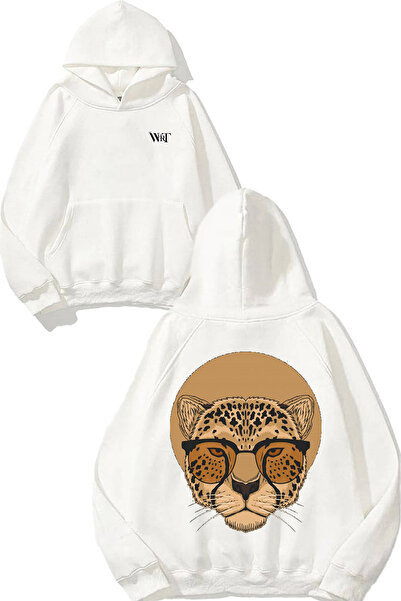 THEWERT سويت شيرت أبيض بقلنسوة مطبوع عليه تصميم ليوبارد 1 على الظهر