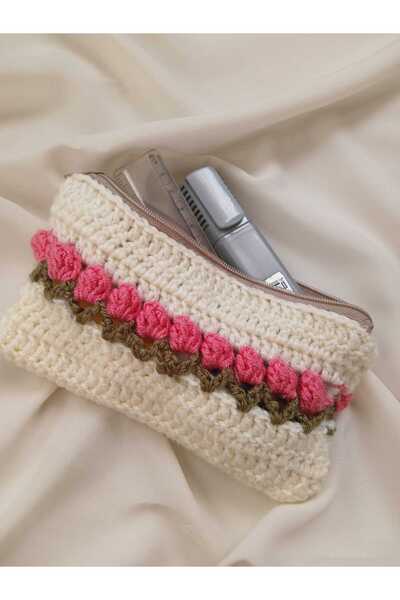 Sunsoft El yapımı örgü lale desenli kalemlik / makyaj çantası