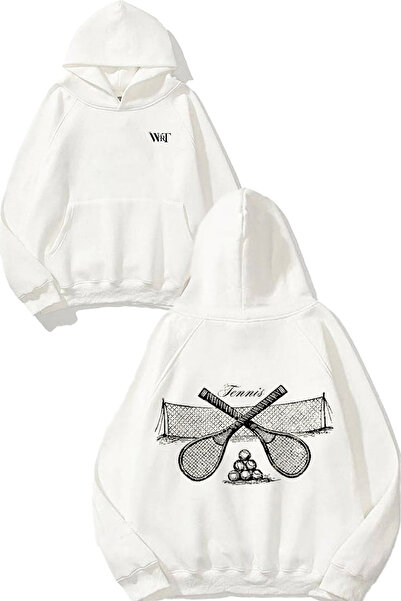 THEWERT Hanorac alb cu glugă cu imprimeu la spate Tennis 5 Design