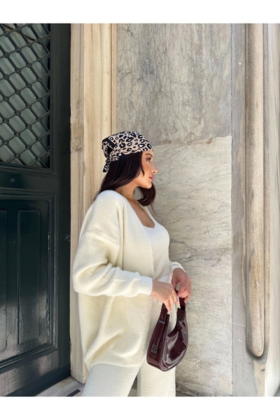 Lusin Women's Cream Crop Blouse Cardigan Pants 3-Piece Winter Knitwear Set