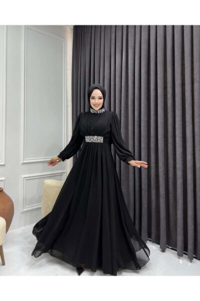 MERVE TESETTÜR Yaka Ve Kemer Taş İşlemeli Şifon Abiye