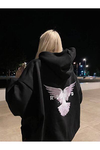 Kalic Studio Hanorac oversize pentru femei Reload cu imprimeu la spate, negru