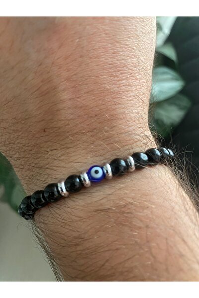 Stoneday Silver Detailed Blue Evil Eye Beaded Black Bead Men's Bracelet