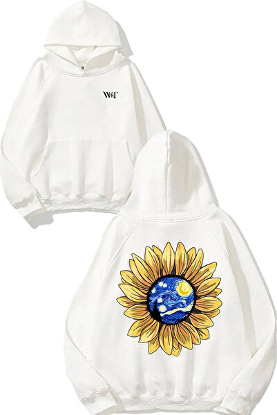 THEWERT Hanorac alb cu glugă cu imprimeu pe spate Van Gogh 2 Design