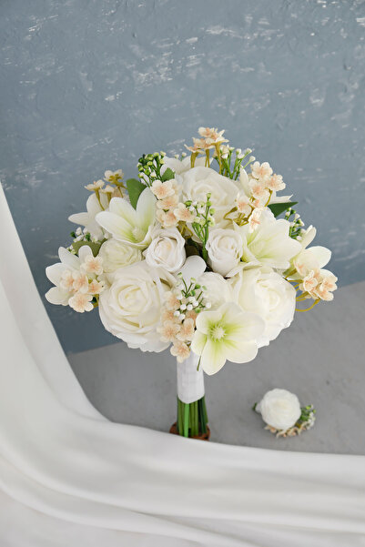 Uğur Gelin Buketi Gül Zambak Beyaz Gelin Çiçeği