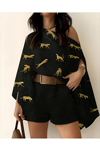 bright moon Women's Shoulder Detailed Slit Leopard Blouse with Versatile Use