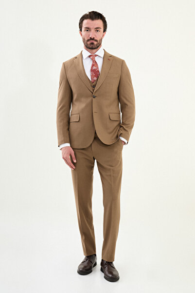 Mcr Straight Slim Fit Mono Collar Classic Wool Men's Suit Camel - 45418.25K