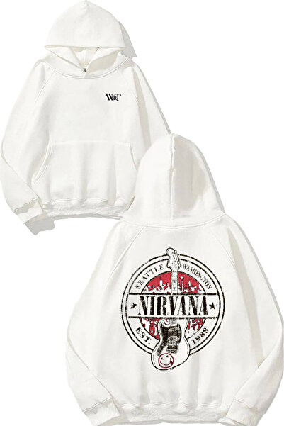 THEWERT سويت شيرت أبيض بقلنسوة مطبوع عليه تصميم نيرفانا 3 على الظهر