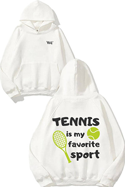 THEWERT سويت شيرت أبيض بقلنسوة مطبوع عليه تصميم تنس 1 على الظهر