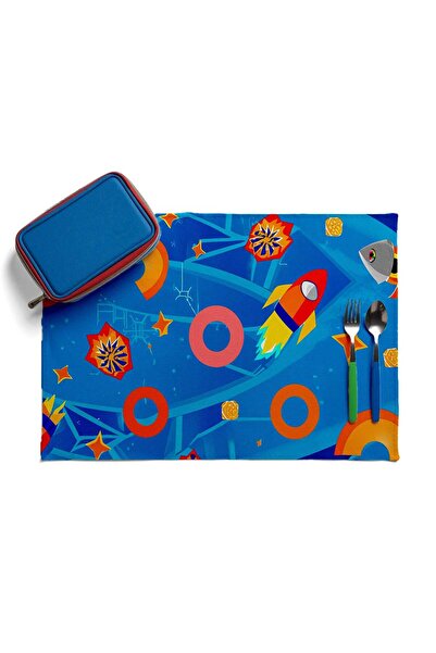 QueenHome غطاء غداء للأطفال للمدرسة، قماش غداء قابل للغسل بنمط صاروخ فضائي بأ...