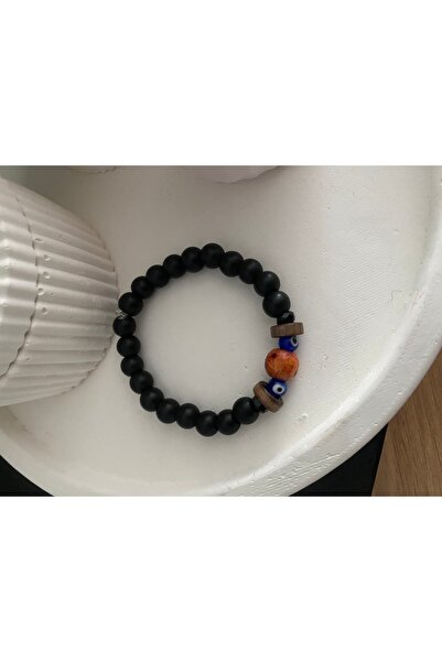 Stoneday Black Bead Bracelet with Wooden Evil Eye Bead Detail