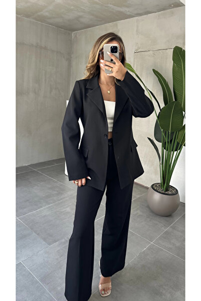 asfamoda Set de două piese pentru femei, jachetă neagră cu un singur nasture ...