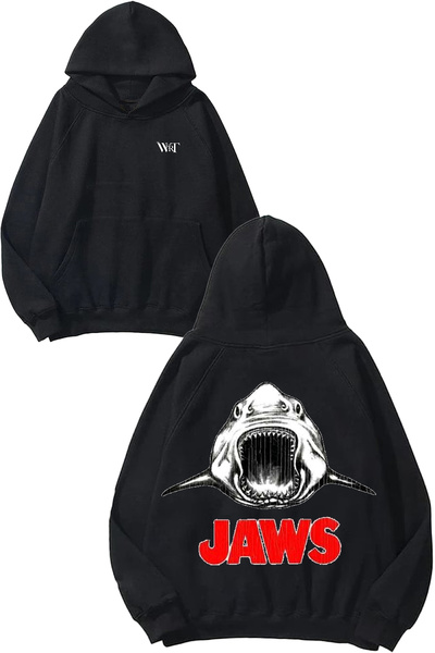 THEWERT Hanorac negru cu glugă cu imprimeu Jaws 1 Design