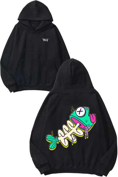 THEWERT Dead Fish Design Back Printed Black Hooded Sweatshirt
