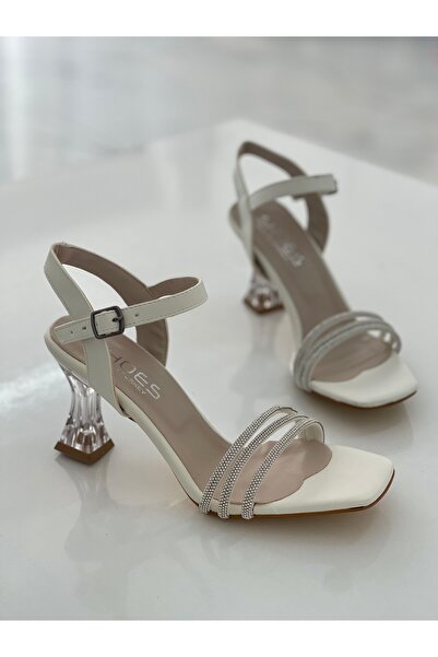 leopar by çetinay White Sparkle: White Skin Women's Transparent Heeled Shoes with Stone Detail