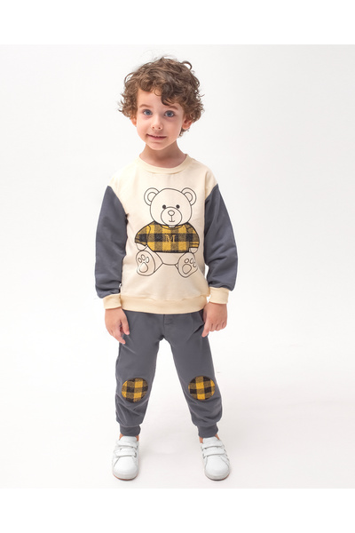 Bolly Baby Bear Printed Plaid Appliqued Long Sleeve Seasonal Top and Bottom Boys' Set