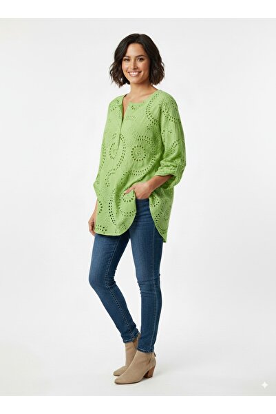 CELTMODA Women's Half Button Mesh Tank Top Italian Blouse - Neon Yellow