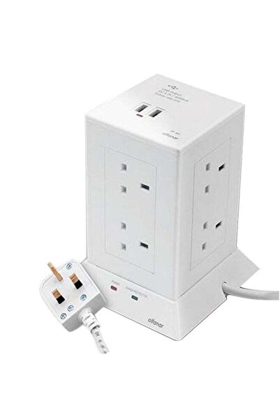 Alfanar برج تمديد الطاقة 13 أمبير 8 مقابس 2 منفذ USB أبيض 3 متر