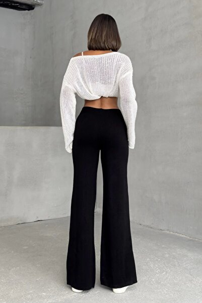 Lusin Kadın Siyah Yüksek Bel Şık Şerit Detaylı Geniş Paça Triko Pantolon