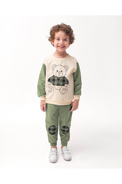 ADDA Cotton Teddy Bear Printed Long Sleeve Tracksuit with Plaid Detail, 2-Piece Boy's Suit
