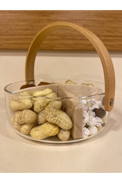 PLUS HOME Snack Bowl with 4 Compartments, Wooden Handle and Glass Reservoir, Diameter 18 cm