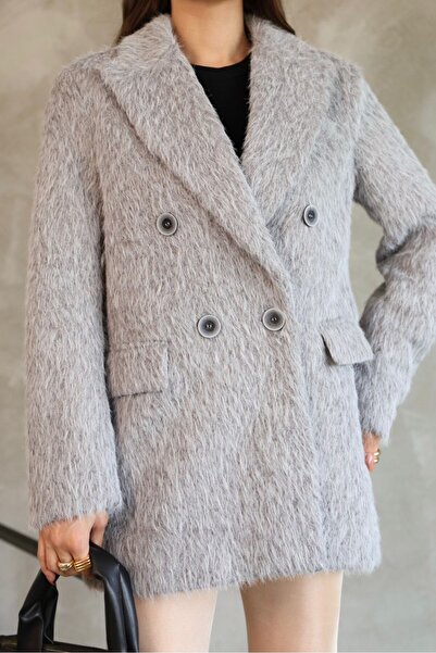 POP STORY Double Buttoned Short Plush Coat Stylish Oversized Fur Look Jacket