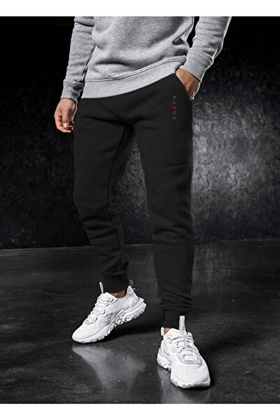 DEEPSENCE Erkek Siyah Kışlık Pamuklu Eşofman Altı Slim Fit Dar Paça Jogger Black Baskılı