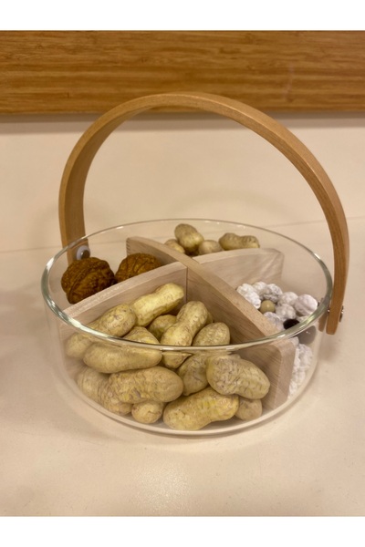 PLUS HOME Snack Bowl with 4 Compartments, Wooden Handle and Glass Reservoir, Diameter 18 cm