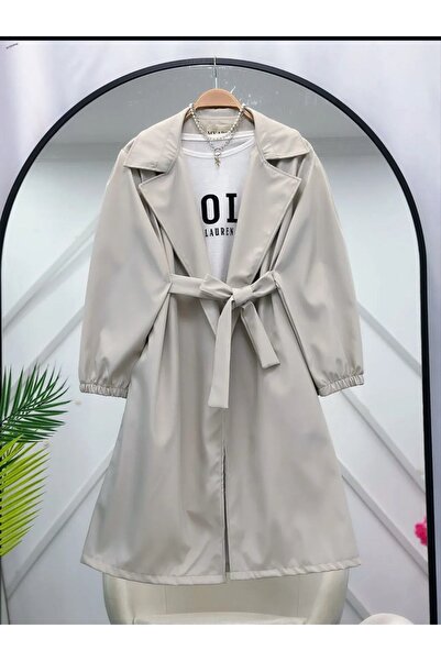 PALMİYE GİYİM Kadın Taş Rengi Kruvaze Yaka Kuşaklı Balon Kol Trençkot