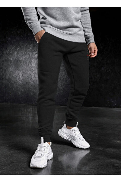 DEEPSENCE Erkek Siyah Kışlık Pamuklu Eşofman Altı Slim Fit Dar Paça Jogger Black Baskılı