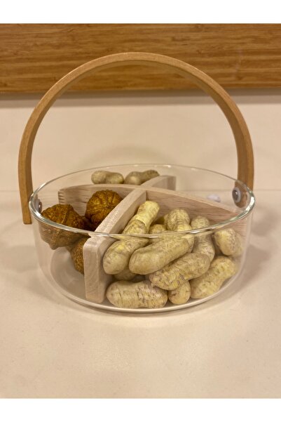 PLUS HOME Snack Bowl with 4 Compartments, Wooden Handle and Glass Reservoir, Diameter 18 cm