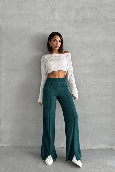 Lusin Women's Nefti Green High Waist Stylish Stripe Detailed Wide Leg Knitwear Set