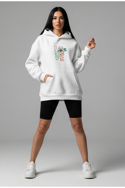 Vooya Fashion سويت شيرت بقلنسوة كبير الحجم مطبوع عليه زهور مكتوب عليها "حب" ل...