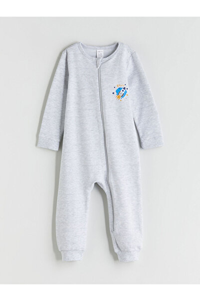 LC Waikiki Gray Crew Neck Printed Baby Boy Romper