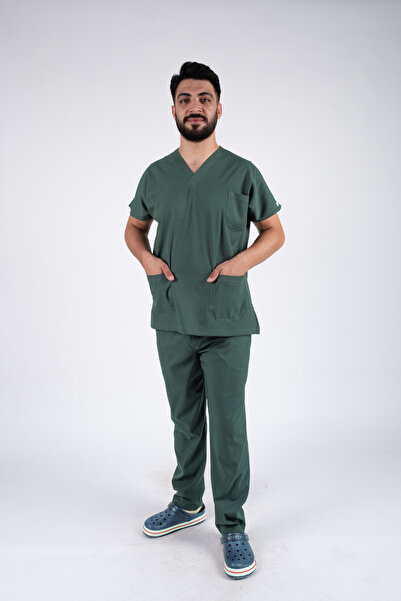 ACAR İŞ TEX Lycra Hunter Green Men's Nurse and Doctor Uniform Set Scrubs Hosp...