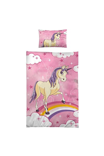 OEM Lenjerie de pat pentru copii, 100 x 135 cm + 40 x 60 cm, Unicorn, Roz, 100% Bumbac