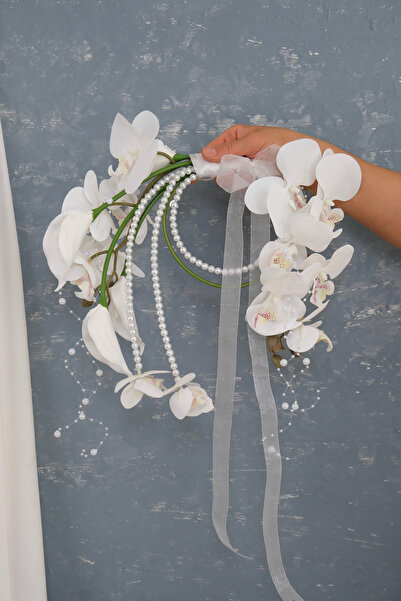 Uğur Gelin Buketi Orkide Gala İncili Beyaz Özel Tasarım Gelin Buketi