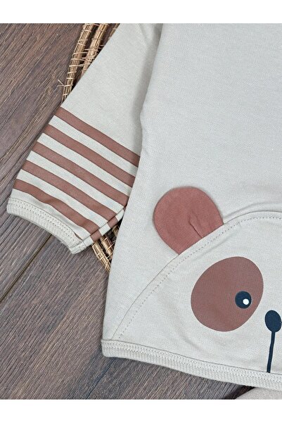 ADDA Cotton Teddy Bear Printed Sleeve Striped Ear Detailled Beret Cycling Collar 3-Piece Baby Boy Set