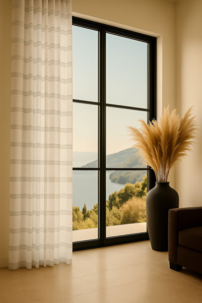 Ran Perde Şerit Desenli Keten Tül Perde- Kalın Dokulu - Koyu Krem - Pileli Dikim