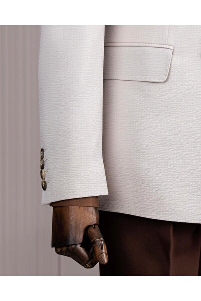 TerziAdemAltun Italian Style Slim Fit Double Breasted Peak Lapel Men's Coat Beige T13648