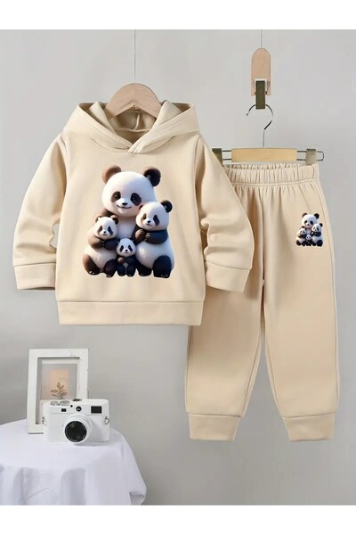 oneagılyazı Erkek Çocuklar için Rahat Panda Baskılı Polar Astarlı Kapüşonlu Sweatshirt & Eşofman Takımı