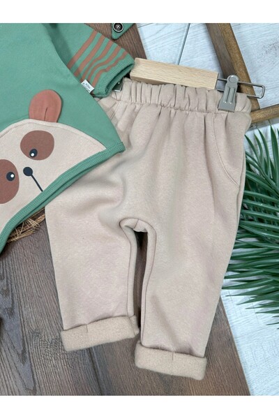 ADDA Cotton Teddy Bear Printed Sleeve Striped Ear Detailled Beret Cycling Collar 3-Piece Baby Boy Set