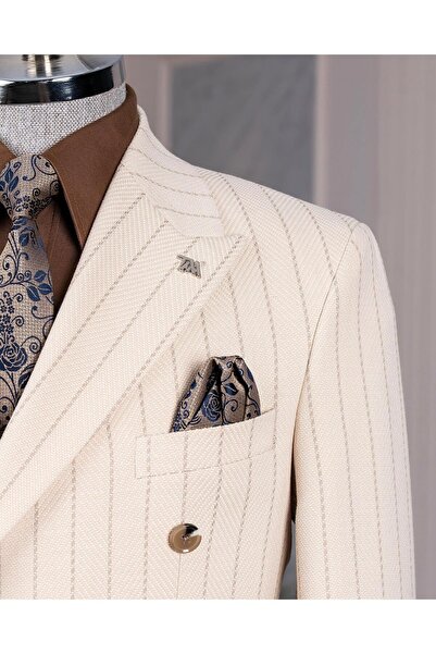 TerziAdemAltun Italian Style Slim Fit Double Breasted Men Single Jacket Beige T14338