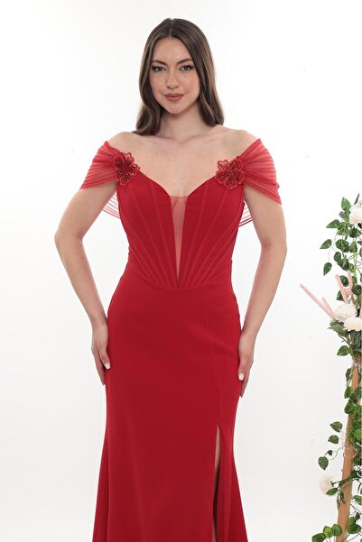 Gardo Tekstil Organze Yaka Çiçekli Krep Elbise Kırmızı